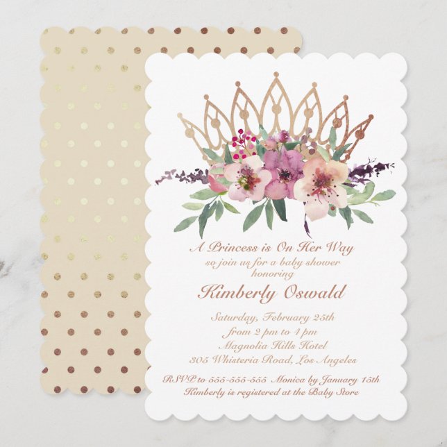 Rose Gold Crown Blush Pink Floral Baby Girl Shower Invitation (Front/Back)