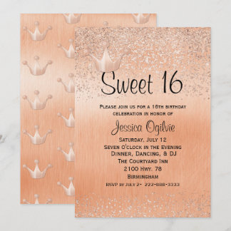 Rose Gold Crown Gold Sweet 16 Birthday Invitation