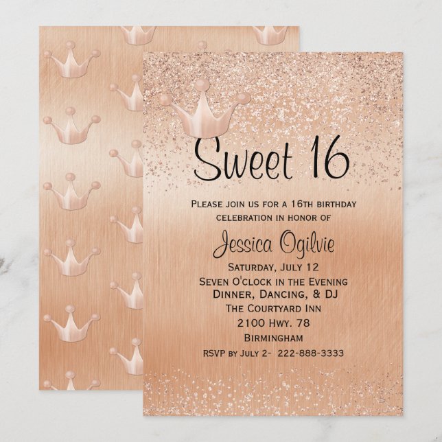 Rose Gold Crown Gold Sweet 16 Birthday Invitation (Front/Back)
