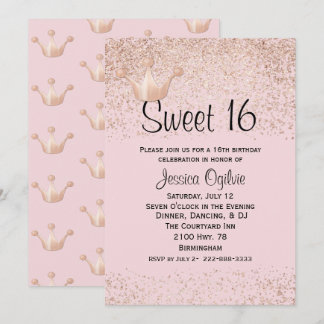 Rose Gold Crown Pink Sweet 16 Birthday Invitation