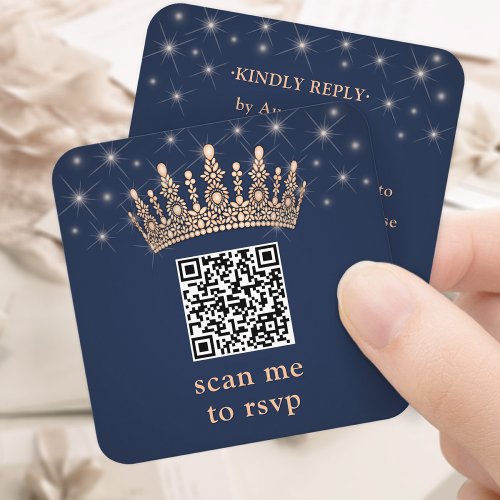 Rose Gold Crown QR Code RSVP Navy Blue Quinceañera