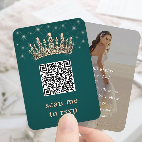 Rose Gold Crown Quinceañera Photo QR RSVP Green