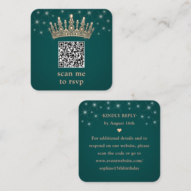 Rose Gold Crown Scan Me Quinceañera QR RSVP Green Enclosure Card (Front/Back)