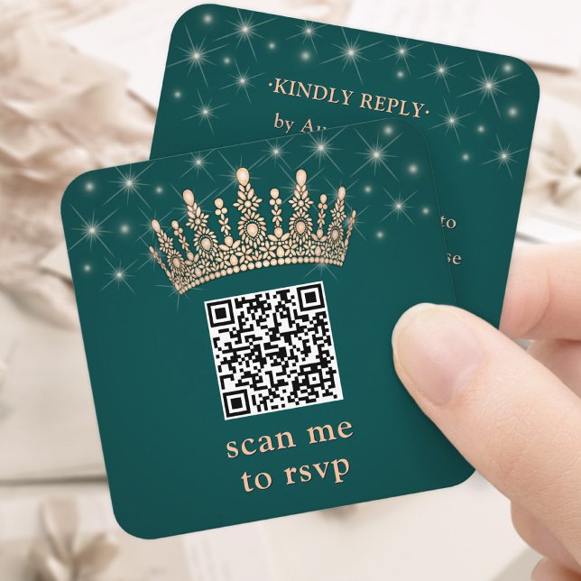Rose Gold Crown Scan Me Quinceañera QR RSVP Green Enclosure Card (Creator Uploaded)