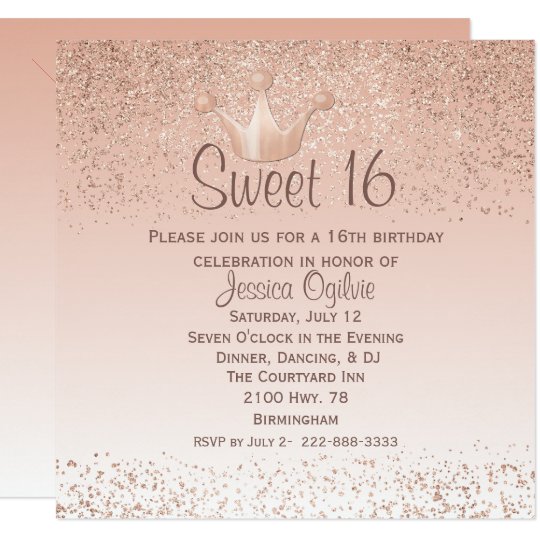 rose gold crown sweet 16 birthday invitation zazzle com