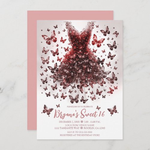 Rose Gold Crystal Butterfly Dress Invitation