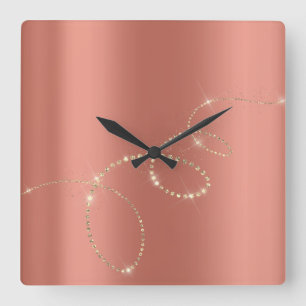 Rose Gold Crystals Frozen Glass Infinity Copper Square Wall Clock
