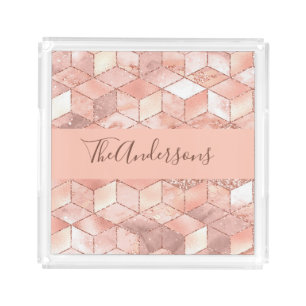 Rose gold cube marble family monogram script acrylic tray