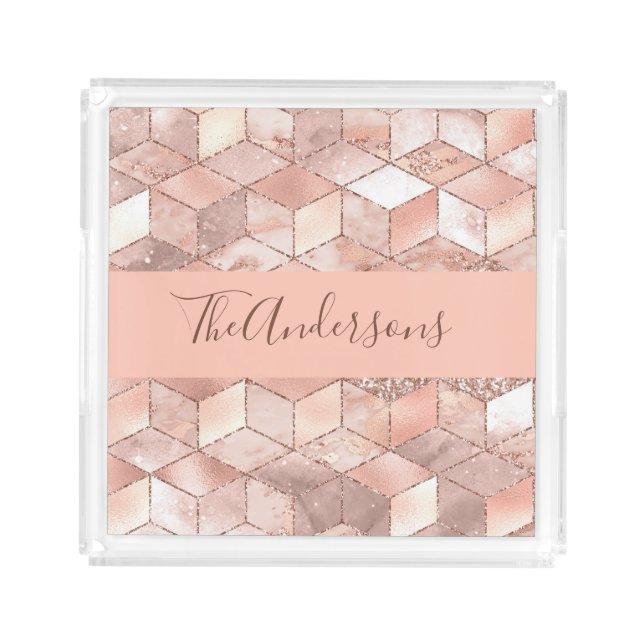 Rose gold cube marble family monogram script acrylic tray (Front)
