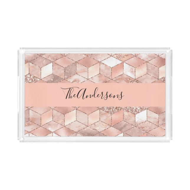 Rose gold cube marble family monogram script acrylic tray (Front)