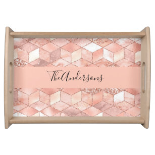 Rose gold cube marble family monogram script  serving tray