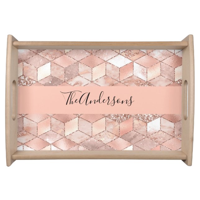 Rose gold cube marble family monogram script  serving tray (Front)