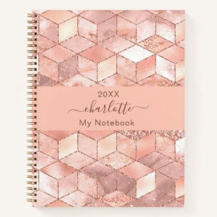 Rose gold cube marble name glitter script notebook