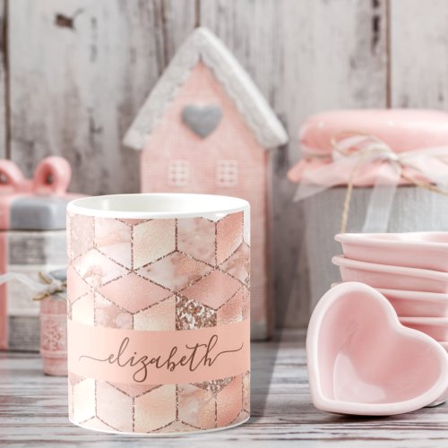 Rose gold cube marble name glittere script coffee mug