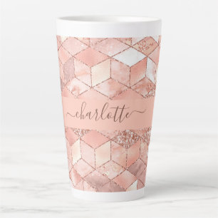 Rose gold cube marble name glittere script latte mug