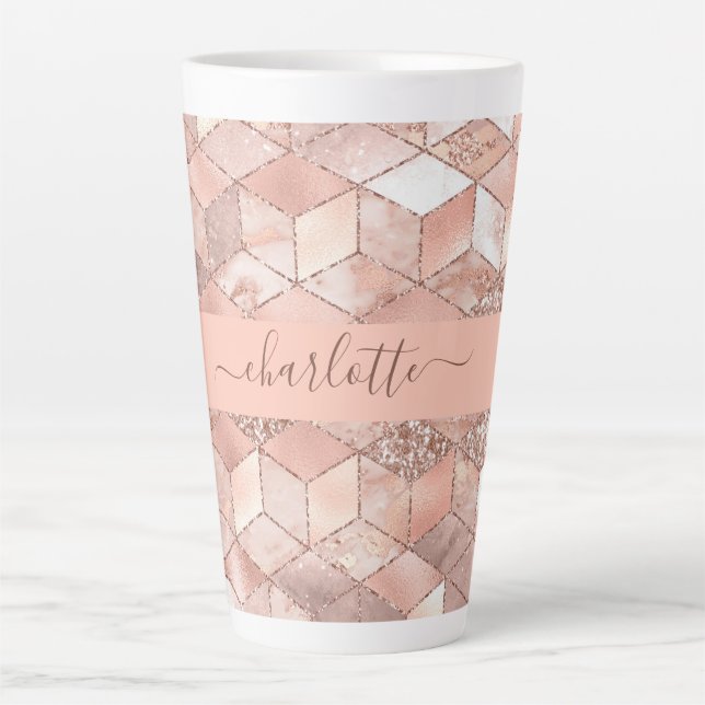 Rose gold cube marble name glittere script latte mug (Front)