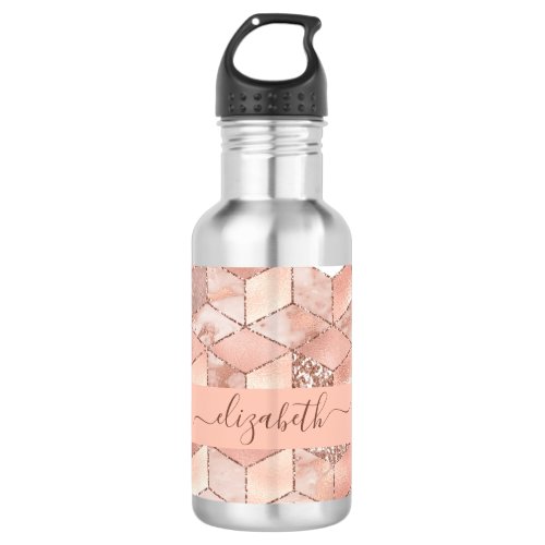 Rose gold cube marble name glittere script stainless steel water bottle