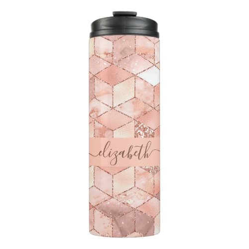 Rose gold cube marble name glittere script thermal tumbler