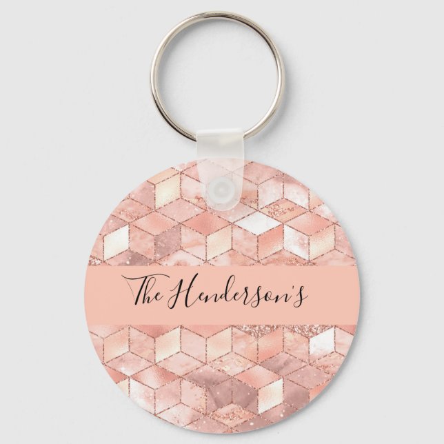 Rose gold cube pattern family monogram script keychain (Front)