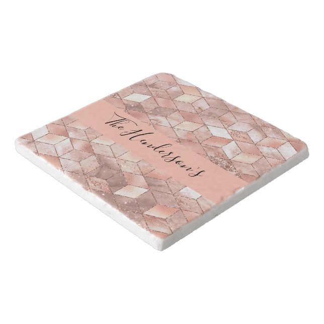 Rose gold cube pattern family monogram script trivet (Corner)