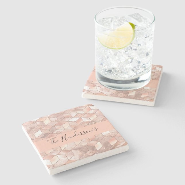 Rose gold cube pattern family name script modern stone coaster (Side)