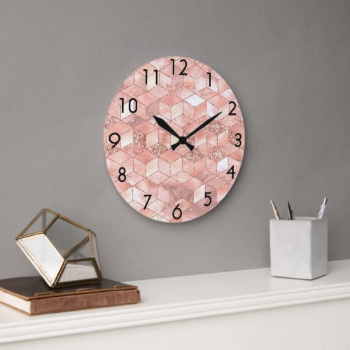 Rose gold cube pattern large clock