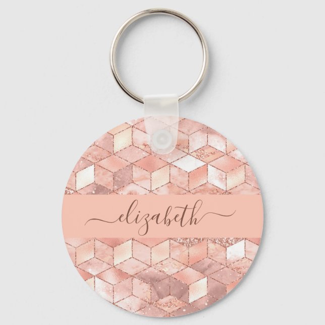 Rose gold cube pattern name monogram script keychain (Front)