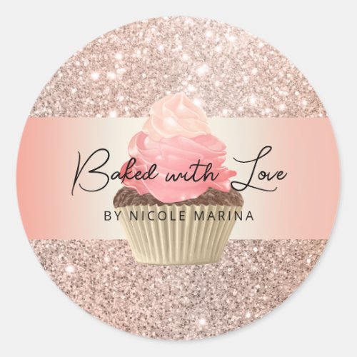 Rose Gold Cupcake Baked With Love Personalized Classic Round Sticker