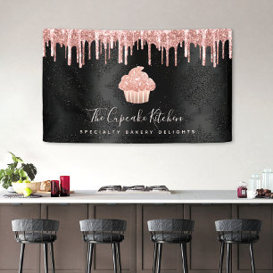 Rose Gold Cupcake Glitter Drips Bakery Chef Black Banner