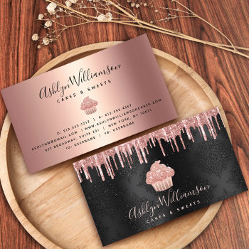Rose Gold Cupcake Glitter Drips Bakery Chef Black Business Card by Luceworks at Zazzle