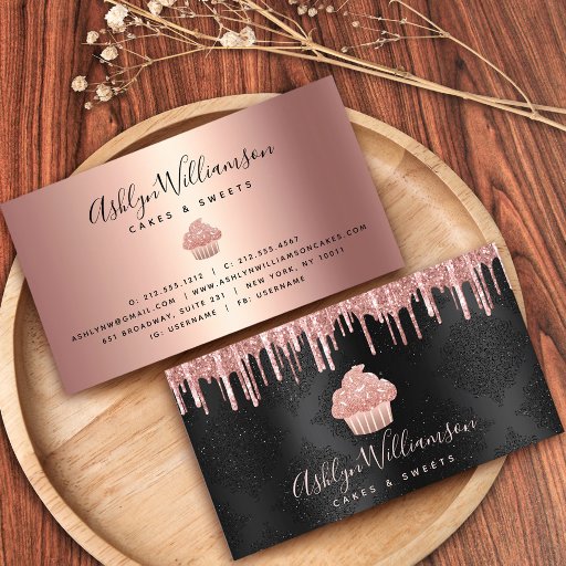 Customizable Rose Gold Cupcake Glitter Drips Bakery Chef Black Business Card