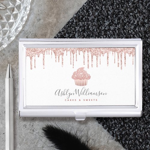 Rose Gold Cupcake Glitter Drips Bakery Pastry Chef Business Card Case