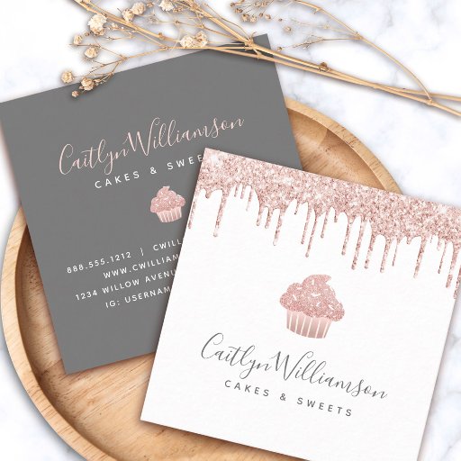 Customizable Rose Gold Cupcake Glitter Drips Bakery Pastry Chef Square Business Card