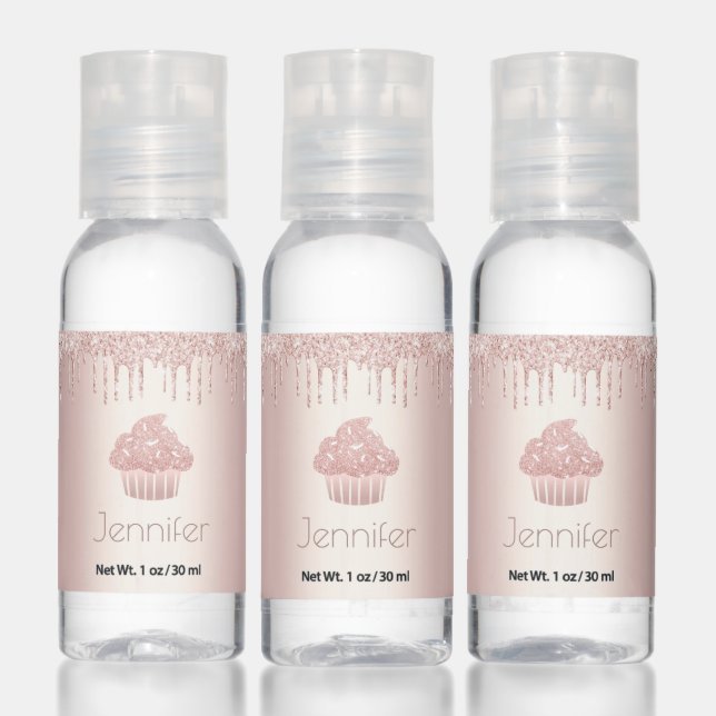 Rose gold cupcake glitter drips modern glam name hand sanitizer (Set)