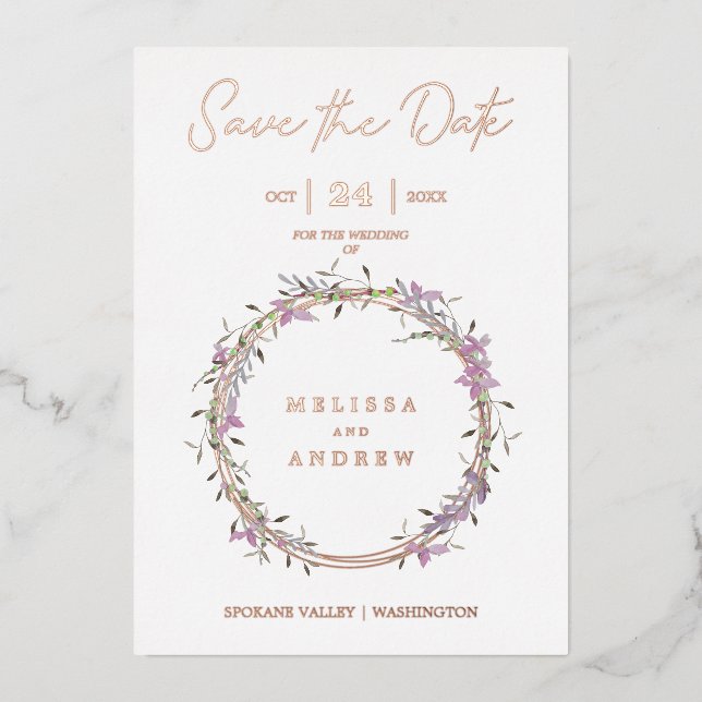 Rose Gold Custom Lilac Fancy Garland Wreath Foil Invitation (Front)