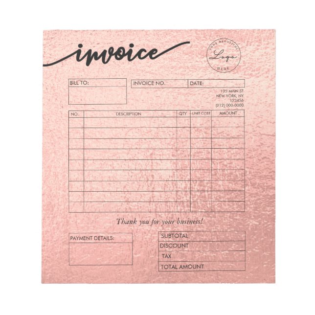 Rose Gold Custom Logo Bakery Invoice Pastry Chef Notepad (Front)