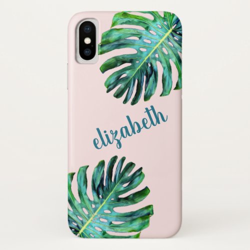 Rose Gold Custom Modern Typography Tropical Leaf iPhone X Case