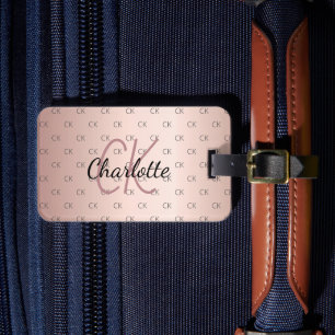 Rose gold custom monogram initials name luggage tag