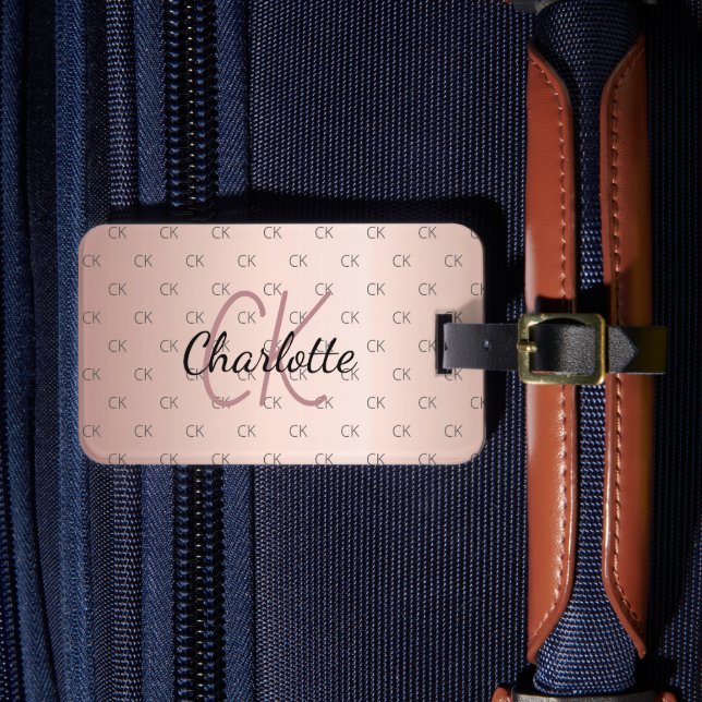 Rose gold custom monogram initials name luggage tag (Front Insitu 4)