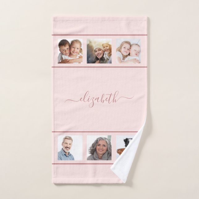 Rose gold custom photo collage monogram script bath towel set (Hand Towel)