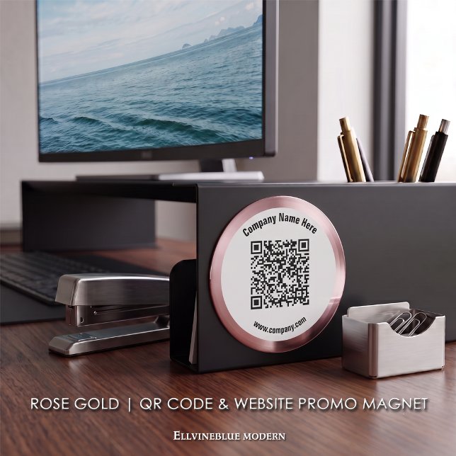 Rose Gold Custom QR Code & Website Promo Magnet (Rose Gold Metallic Magnet | A polished layout created to showcase your QR Code, Name, & Website.)