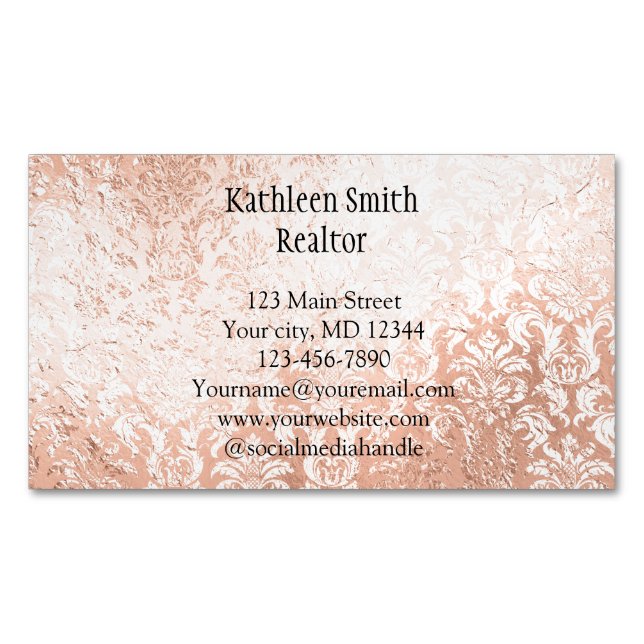 Rose Gold Damask Elegant Feminine Business Card Magnet (Front)