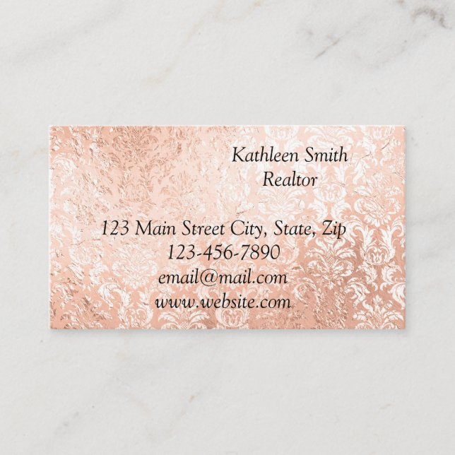 Rose Gold Damask Elegant Script Business Card (Front)