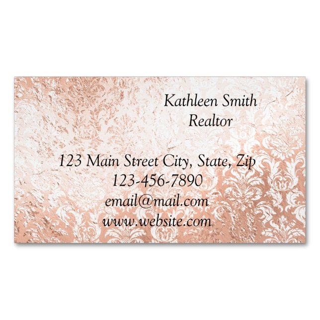 Rose Gold Damask Elegant Script Business Card Magnet (Front)