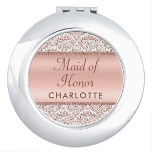 Rose Gold Damask Glitter Maid of Honor Wedding Compact Mirror