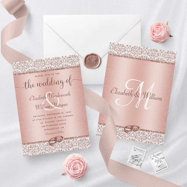 Rose Gold Damask Glitter Monogram Elegant Wedding Invitation | Zazzle