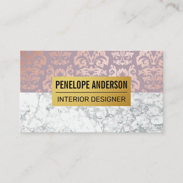 Rose Gold Damask Metallic Pattern | White Marble Business Card (Front)
