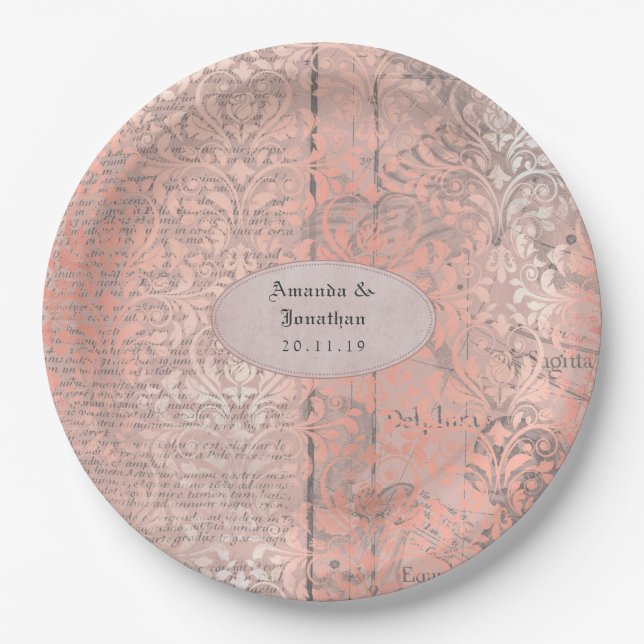 Rose Gold Damask Newsprint Wedding Paper Plates (Front)