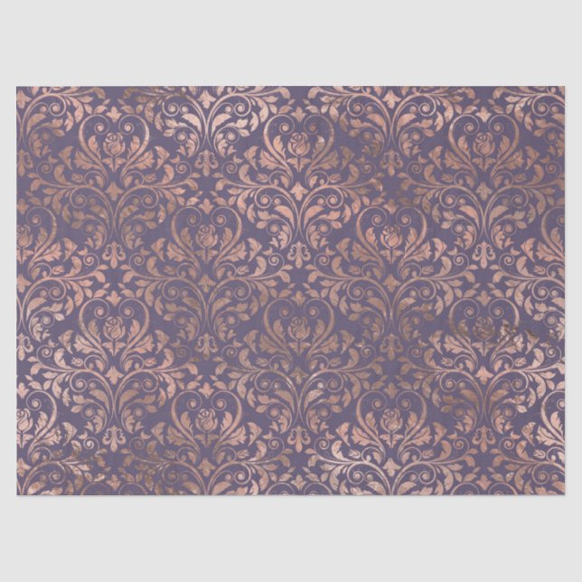 Rose Gold Damask on Purple Decoupage Tissue Paper (Front)