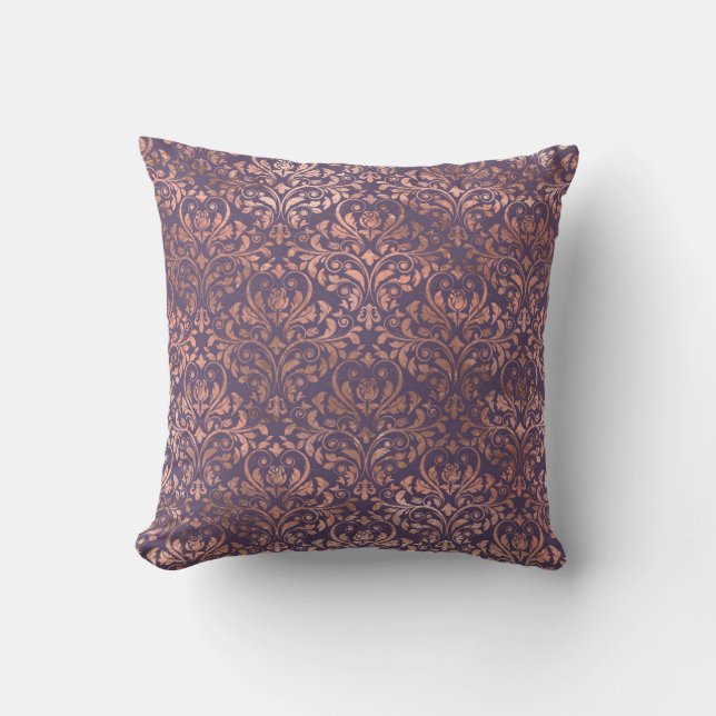 Rose Gold Damask on Purple Throw Pillow (Front)